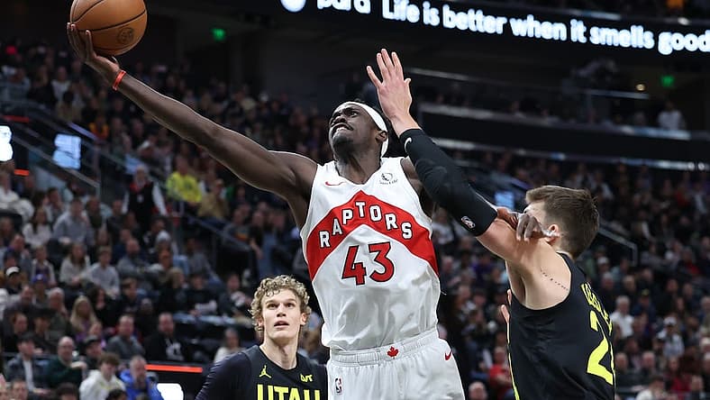 Jan 12, 2024; Salt Lake City, Utah, USA; Toronto Raptors forward Pascal Siakam (43) lays the ball up past Utah Jazz center Walker Kessler (24) during the third quarter at Delta Center. Mandatory Credit: Rob Gray-USA TODAY Sports