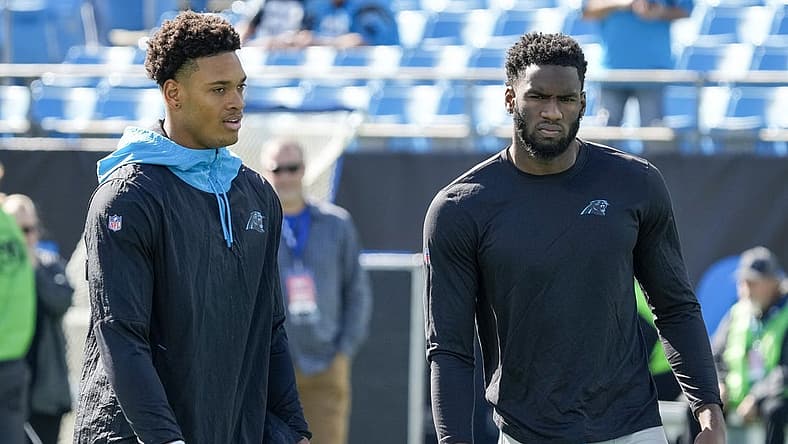 Carolina Panthers safety Jeremy Chinn (21) and defensive end Brian Burns (53) are priority free agents this offseason. Mandatory Credit: Jim Dedmon-USA TODAY Sports