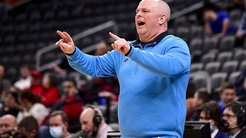 Mar 3, 2022; St. Louis, MO, USA; Indiana State Sycamores head coach Josh Schertz reacts to a call against the Illinois State Redbirds during the second half of the Missouri Valley Conference Tournament at Enterprise Center. Mandatory Credit: Jeff Curry-USA TODAY Sports