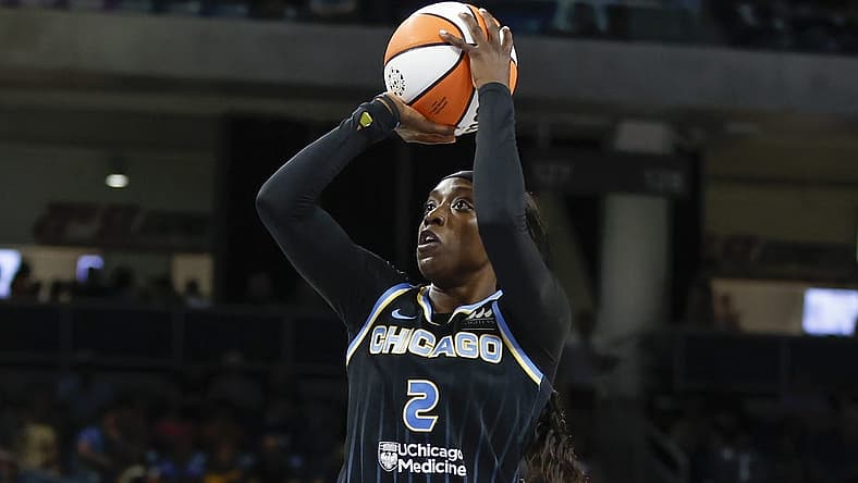 Aug 20, 2022; Chicago, Illinois, USA; Chicago Sky guard Kahleah Copper (2) shoots against the New York Liberty during the first half of Game 2 of the first round of the WNBA playoffs at Wintrust Arena. Mandatory Credit: Kamil Krzaczynski-USA TODAY Sports