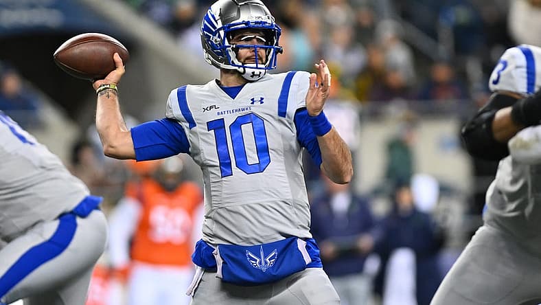 Feb 23, 2023; Seattle, WA, USA; St. Louis Battlehawks quarterback AJ McCarron (10) passes the ball against the Seattle Sea Dragons during the first half at Lumen Field. St Louis defeated Seattle 20-18. Mandatory Credit: Steven Bisig-USA TODAY Sports