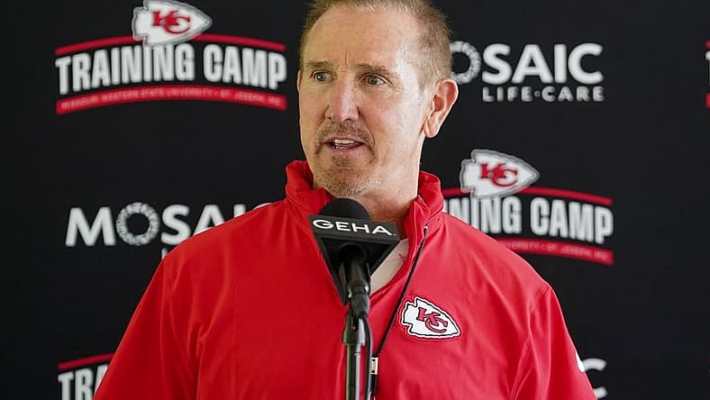 Jul 24, 2023; St. Joseph, MO, USA; Kansas City Chiefs defensive coordinator Steve Spagnuolo answers questions from reporters during training camp at Missouri Western State University. Mandatory Credit: Denny Medley-USA TODAY Sports