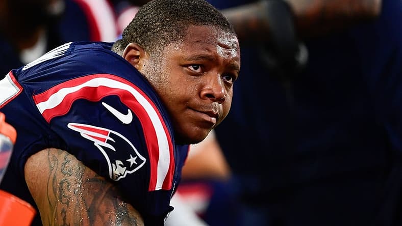 Sep 10, 2023; Foxborough, Massachusetts, USA; New England Patriots offensive tackle Trent Brown (77) sits on the bench during the second half against the Philadelphia Eagles at Gillette Stadium. Mandatory Credit: Eric Canha-USA TODAY Sports