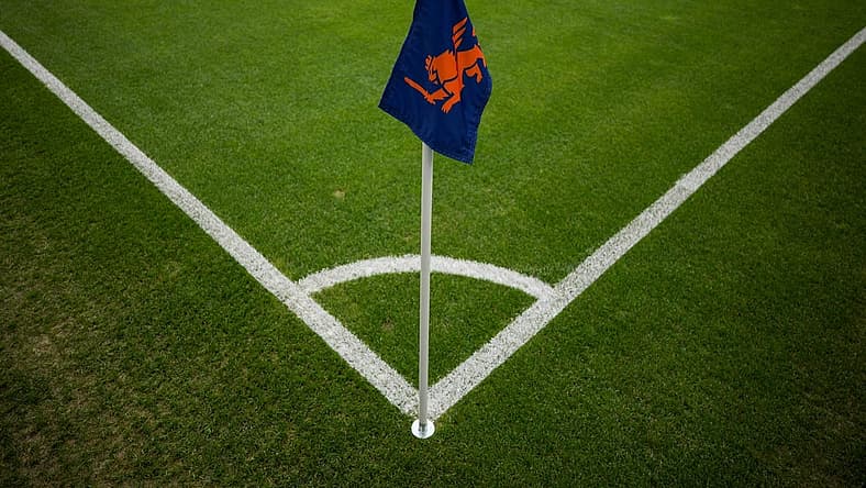 Oct 4, 2023; Cincinnati, Ohio, USA;  The Cincinnati logo is seen on a corner flag before a match between the New York Red Bulls and FC Cincinnati at TQL Stadium. Mandatory Credit: Aaron Doster-USA TODAY Sports