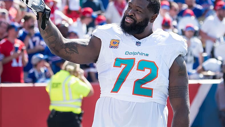 Oct 1, 2023; Orchard Park, New York, USA; Miami Dolphins offensive tackle Terron Armstead (72) reacts to the crowd before a game against the Buffalo Bills at Highmark Stadium. Mandatory Credit: Mark Konezny-USA TODAY Sports