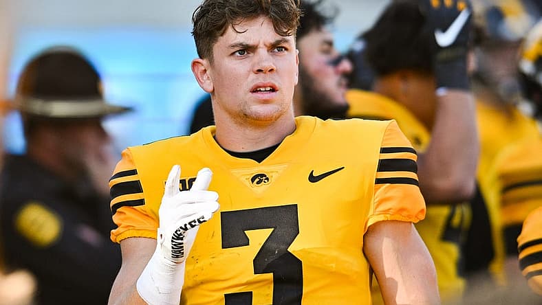 Iowa Hawkeyes defensive back Cooper DeJean (3) reacts during the second quarter against the Minnesota Golden Gophers at Kinnick Stadium. Mandatory Credit: Jeffrey Becker-USA TODAY Sports