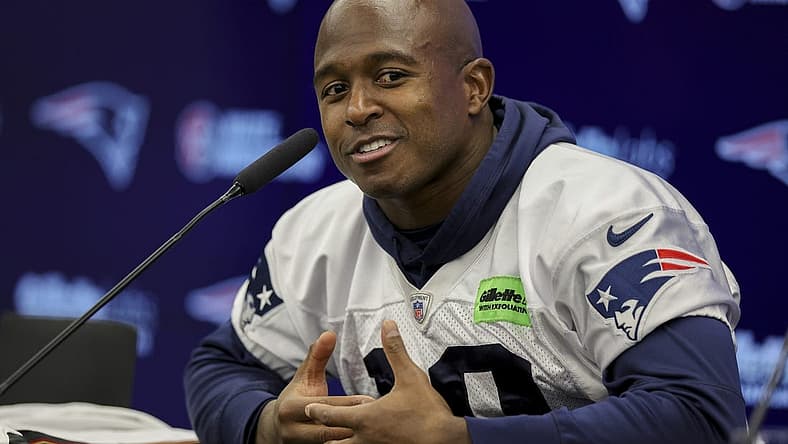 Nov 10, 2023; Frankfurt, Germany; New England Patriots wide receiver Matthew Slater (18) speaks to the media before an NFL International Series practice at the Deutcher Fussball-Bund facility. Mandatory Credit: Nathan Ray Seebeck-USA TODAY Sports
