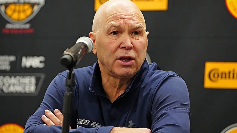 Nov 17, 2023; Las Vegas, NV, USA; Saint Mary's Gaels coach Randy Bennett answers questions after the San Diego State Aztecs defeated the Gaels 79-54 at T-Mobile Arena. Mandatory Credit: Stephen R. Sylvanie-USA TODAY Sports