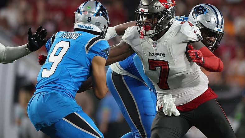 Dec 3, 2023; Tampa, Florida, USA; Tampa Bay Buccaneers linebacker Shaquil Barrett (7) rushes Carolina Panthers quarterback Bryce Young (9) during the second half at Raymond James Stadium. Mandatory Credit: Kim Klement Neitzel-USA TODAY Sports