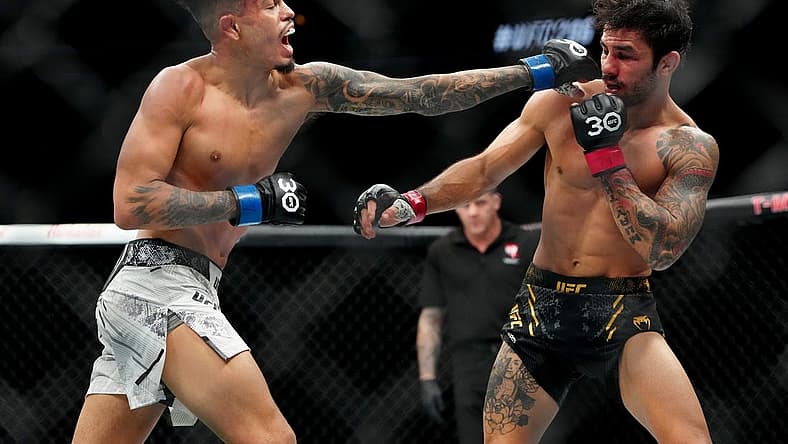 Dec 16, 2023; Las Vegas, Nevada, USA; Alexandre Pantoja (red gloves) fights Brandon Royval (blue gloves) during UFC 296 at T-Mobile Arena. Mandatory Credit: Stephen R. Sylvanie-USA TODAY Sports