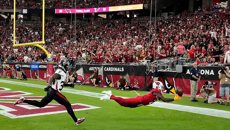 Nov 12, 2023; Glendale, AZ, USA; Arizona Cardinals wide receiver Marquise Brown (2) misses a touchdown catch against the Atlanta Falcons in the first half at State Farm Stadium. Mandatory Credit: Rob Schumacher-Arizona Republic