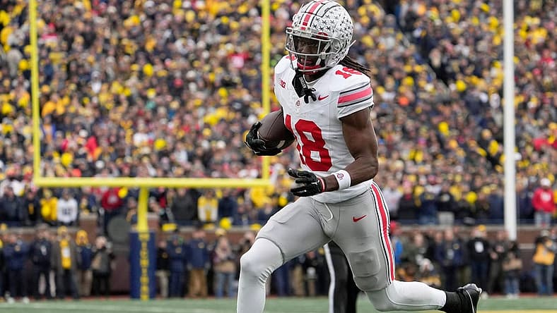 Nov. 25, 2023; Ann Arbor, Mi., USA;
Ohio State Buckeyes wide receiver Marvin Harrison Jr. (18) toward the end zone during the second half of Saturday's NCAA Division I football game against the University of Michigan.