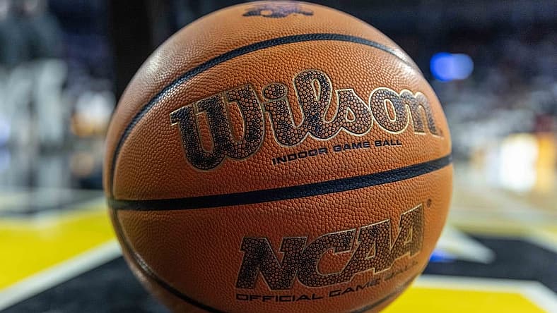 Jan 14, 2024; Wichita, Kansas, USA; A detail view of a WIlson basketball siting on the court during the game between the Wichita State Shockers and the Memphis Tigers at Charles Koch Arena. Mandatory Credit: William Purnell-USA TODAY Sports