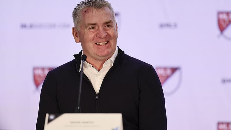 Jan 11, 2024; Miami, FL, USA; Charlotte FC head coach Dean Smith speaks during MLS Media Day at Miami Beach Convention Center. Mandatory Credit: Sam Navarro-USA TODAY Sports