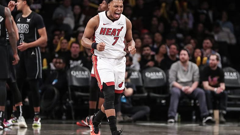 Jan 15, 2024; Brooklyn, New York, USA; Miami Heat guard Kyle Lowry (7) reacts after scoring in the third quarter against the Brooklyn Nets at Barclays Center. Mandatory Credit: Wendell Cruz-USA TODAY Sports