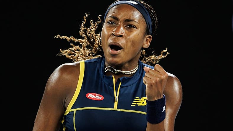 Jan 25, 2024; Melbourne, Victoria, Australia;
Coco Gauff of the United States celebrates against Aryna Sabalenka of Belarus in the semi-final of the women s singles at the Australian Open. Mandatory Credit: Mike Frey-USA TODAY Sports