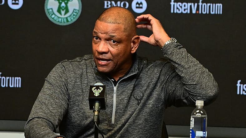 Jan 27, 2024; Milwaukee, WI, USA; Doc Rivers speaks at a press conference where he was introduce as the new head coach of the Milwaukee Bucks at the Fiserv Forum. Mandatory Credit: Benny Sieu-USA TODAY Sports
