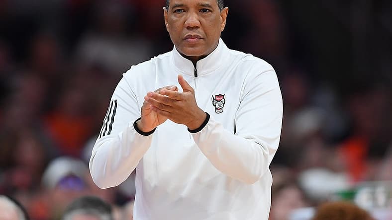 Jan 27, 2024; Syracuse, New York, USA; North Carolina State Wolfpack head coach Kevin Keatts looks on against the Syracuse Orange during the first half at the JMA Wireless Dome. Mandatory Credit: Rich Barnes-USA TODAY Sports