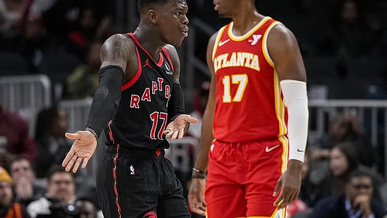 Jan 28, 2024; Atlanta, Georgia, USA; Toronto Raptors guard Dennis Schroder (17) reacts after being called for a charge after running into Atlanta Hawks guard Patty Mills (8) (not shown) during the first half at State Farm Arena. Mandatory Credit: Dale Zanine-USA TODAY Sports