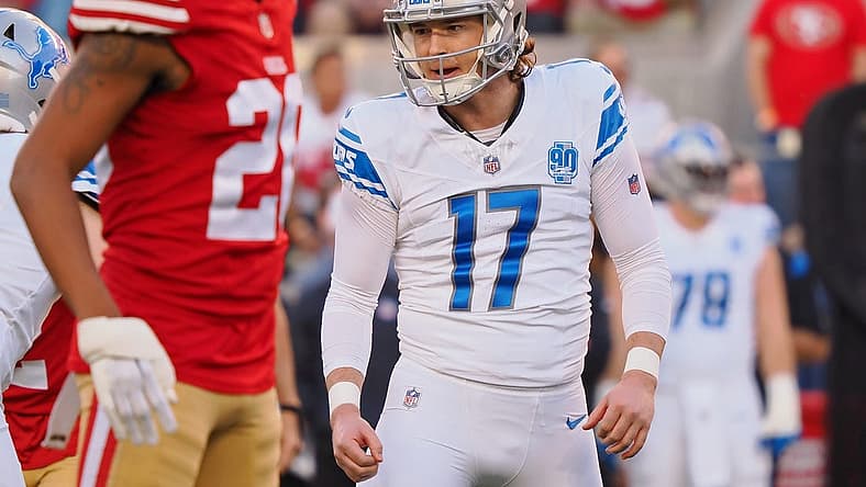 Jan 28, 2024; Santa Clara, California, USA; Detroit Lions place kicker Michael Badgley (17) reacts after a play against the San Francisco 49ers during the first half of the NFC Championship football game at Levi's Stadium. Mandatory Credit: Kelley L Cox-USA TODAY Sports