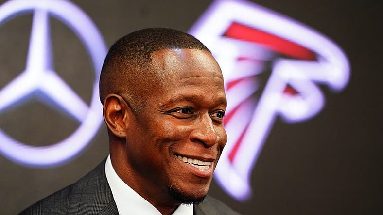 Feb 5, 2024; Atlanta, GA, USA; Raheem Morris address the media after being introduced as the new head coach of the Atlanta Falcons at Mercedes-Benz Stadium. Mandatory Credit: John David Mercer-USA TODAY Sports