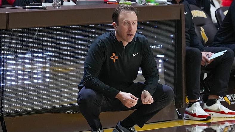 Feb 6, 2024; Laramie, Wyoming, USA; New Mexico Lobos head coach Richard Pitino reacts against the Wyoming Cowboys during the second half at Arena-Auditorium. Mandatory Credit: Troy Babbitt-USA TODAY Sports