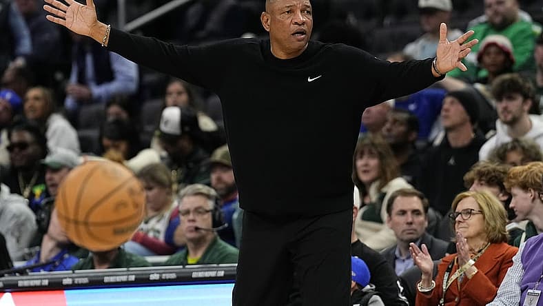 Feb 8, 2024; Milwaukee, Wisconsin, USA; Milwaukee Bucks head coach Doc Rivers reacts to a call during the third quarter against the Minnesota Timberwolves at Fiserv Forum. Mandatory Credit: Jeff Hanisch-USA TODAY Sports