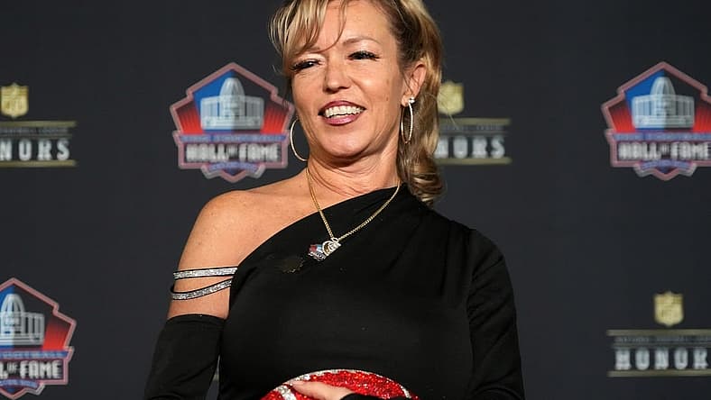 Feb 8, 2024; Las Vegas, NV, USA; Misty McMichael, the wife of Steve McMichael, during the Pro Football Hall of Fame Class of 2024 press conference at the Resorts World Theatre. Mandatory Credit: Kirby Lee-USA TODAY Sports