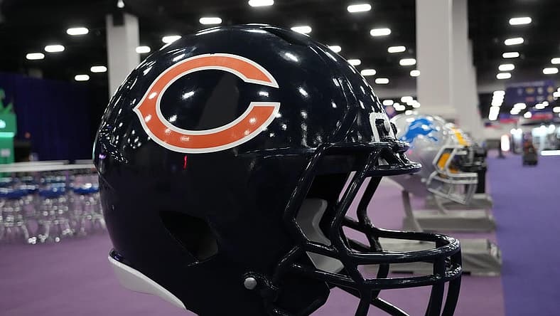 Feb 9, 2024; Las Vegas, NV, USA; A large Chicago Bears helmet at the NFL Experience at the Mandalay Bay South Convention Center. Mandatory Credit: Kirby Lee-USA TODAY Sports