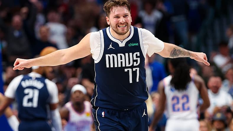 Feb 10, 2024; Dallas, Texas, USA; Dallas Mavericks guard Luka Doncic (77) reacts during the first half against the Oklahoma City Thunder at American Airlines Center. Mandatory Credit: Kevin Jairaj-USA TODAY Sports