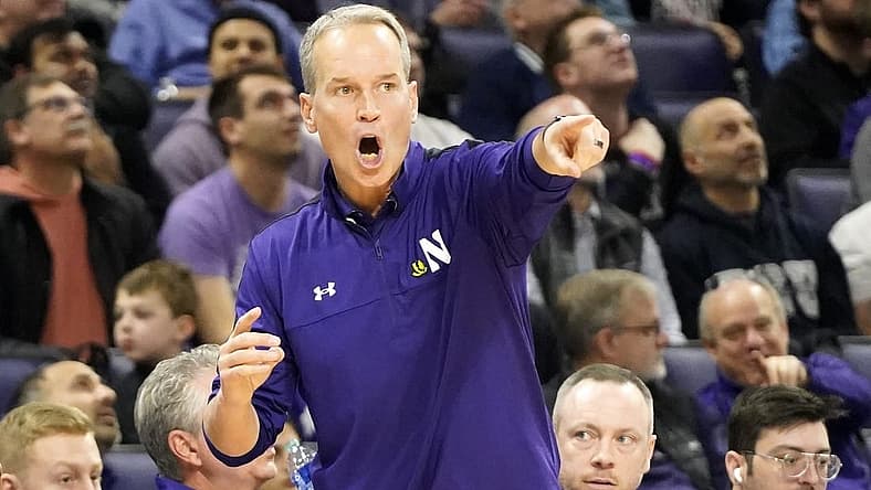 Feb 11, 2024; Evanston, Illinois, USA; Northwestern Wildcats head coach Chris Collins gestures to his team during the first half at Welsh-Ryan Arena. Mandatory Credit: David Banks-USA TODAY Sports
