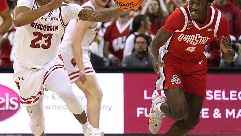 Wisconsin guard Chucky Hepburn (23) scores on a steal during the second half of their game Tuesday, February 13, 2024 at the Kohl Center in Madison, Wisconsin. Wisconsin beat Ohio State 62-54.