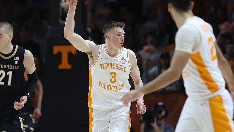 Feb 17, 2024; Knoxville, Tennessee, USA; Tennessee Volunteers guard Dalton Knecht (3) reacts after scoring a three pointer against the Vanderbilt Commodores during the first half at Thompson-Boling Arena at Food City Center. Mandatory Credit: Randy Sartin-USA TODAY Sports