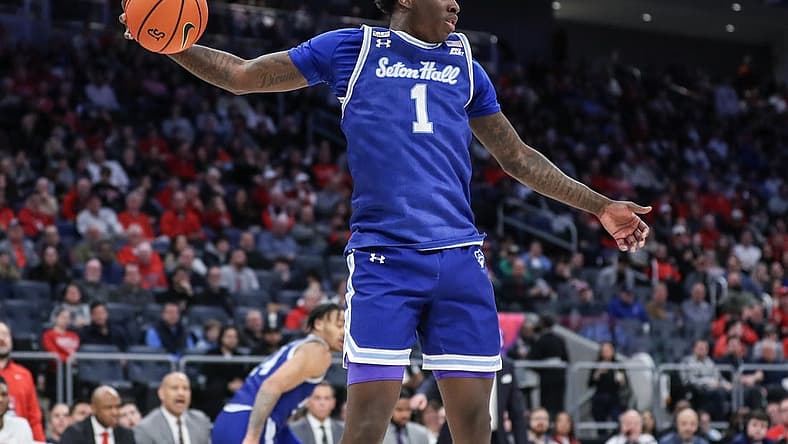 Feb 18, 2024; Elmont, New York, USA; Seton Hall Pirates guard Kadary Richmond (1) grabs a rebound in the second half against the St. John's Red Storm at UBS Arena. Mandatory Credit: Wendell Cruz-USA TODAY Sports