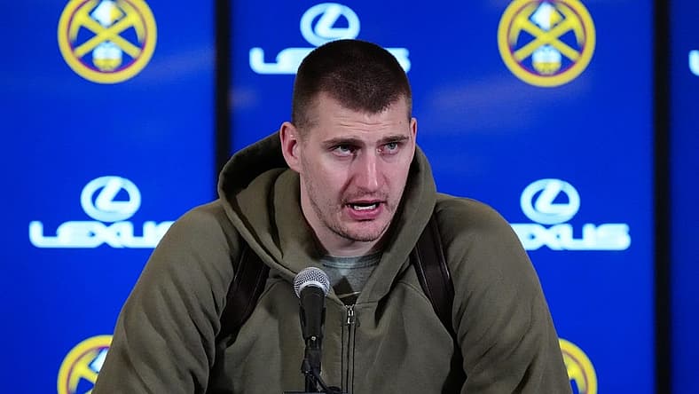 Feb 22, 2024; Denver, Colorado, USA; Denver Nuggets center Nikola Jokic (15) speaks to the media following the win over the Washington Wizards at Ball Arena. Mandatory Credit: Ron Chenoy-USA TODAY Sports