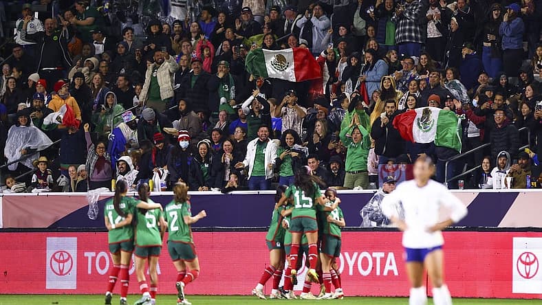 Feb 26, 2024; Carson, California, USA; Mexico midfielder Jacqueline Ovalle (11) celebrates with her teammates and fans cheer after Ovalle scores a goal during the first half of a game against the United States at Dignity Health Sports Park. Mandatory Credit: Jessica Alcheh-USA TODAY Sports