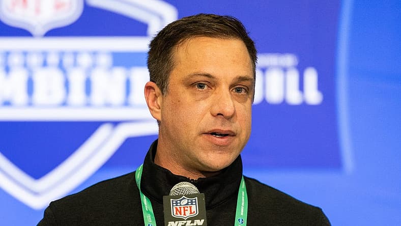 Feb 27, 2024; Indianapolis, IN, USA; Kansas City Chiefs General Manager Brett Veach talks to the media at the 2024 NFL Combine at Indiana Convention Center. Mandatory Credit: Trevor Ruszkowski-USA TODAY Sports