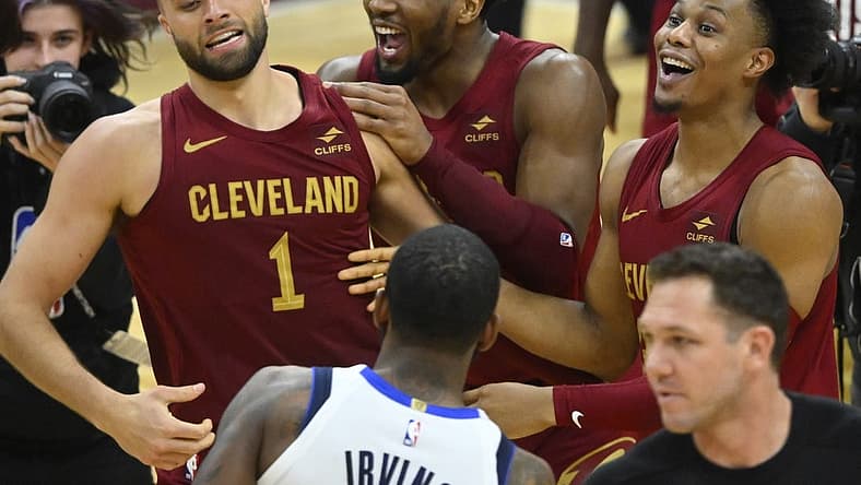 Feb 27, 2024; Cleveland, Ohio, USA; Cleveland Cavaliers guard Max Strus (1) celebrates after hitting a last-second, game-winning three-point basket in the fourth quarter against the Dallas Mavericks at Rocket Mortgage FieldHouse. Mandatory Credit: David Richard-USA TODAY Sports