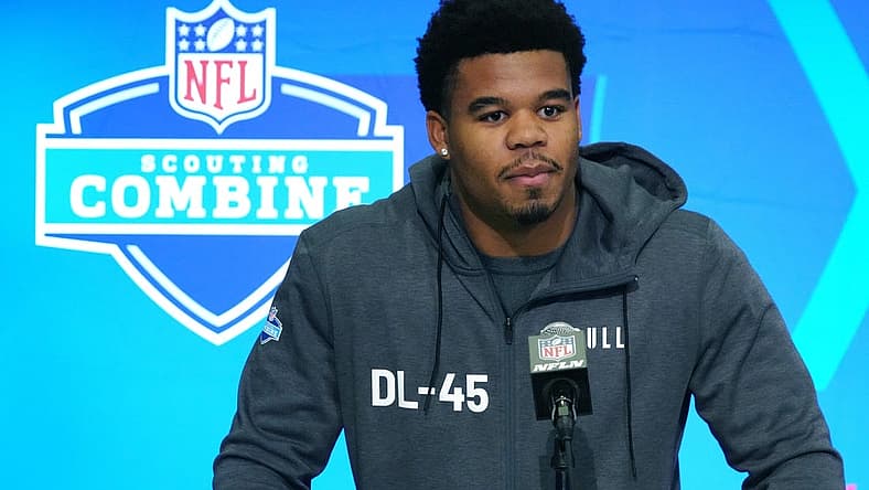 Feb 28, 2024; Indianapolis, IN, USA; Penn State defensive lineman Chop Robinson (DL45) speaks at a press conference at the NFL Scouting Combine at Indiana Convention Center. Mandatory Credit: Kirby Lee-USA TODAY Sports