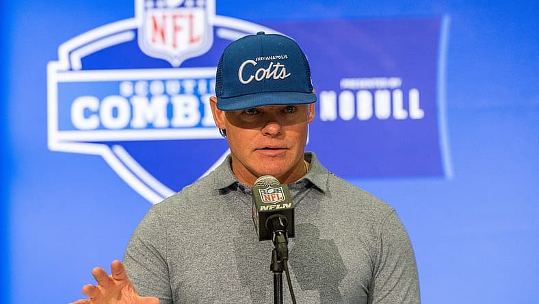 Feb 28, 2024; Indianapolis, IN, USA; Indianapolis Colts general manager Chris Ballard talks to the media at the 2024 NFL Combine at Indiana Convention Center. Mandatory Credit: Trevor Ruszkowski-USA TODAY Sports