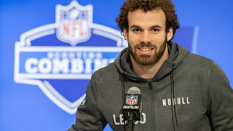 Feb 28, 2024; Indianapolis, IN, USA; North Carolina State linebacker Payton Wilson (LB30) talks to the media at the 2024 NFL Combine at Indiana Convention Center. Mandatory Credit: Trevor Ruszkowski-USA TODAY Sports