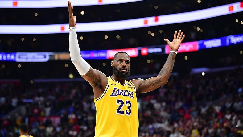 Feb 28, 2024; Los Angeles, California, USA; Los Angeles Lakers forward LeBron James (23) celebrates the victory against the Los Angeles Clippers at Crypto.com Arena. Mandatory Credit: Gary A. Vasquez-USA TODAY Sports