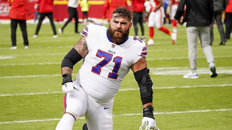 Oct 16, 2022; Kansas City, Missouri, USA; Buffalo Bills offensive tackle Ryan Bates (71) warms up against the Kansas City Chiefs prior to the game at GEHA Field at Arrowhead Stadium. Mandatory Credit: Denny Medley-USA TODAY Sports