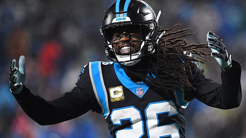 Nov 10, 2022; Charlotte, North Carolina, USA; Carolina Panthers cornerback Donte Jackson (26) reacts in the fourth quarter at Bank of America Stadium. Mandatory Credit: Bob Donnan-USA TODAY Sports