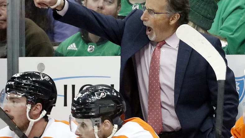 Mar 11, 2023; Pittsburgh, Pennsylvania, USA; Philadelphia Flyers head coach John Tortorella  reacts on the bench against the Pittsburgh Penguins during the third period at PPG Paints Arena.  Pittsburgh won 5-1. Mandatory Credit: Charles LeClaire-USA TODAY Sports