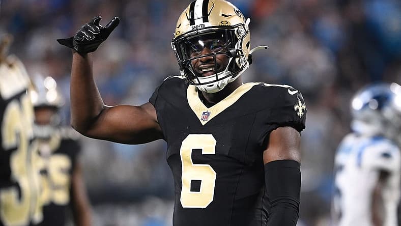 Sep 18, 2023; Charlotte, North Carolina, USA; New Orleans Saints safety Marcus Maye (6) reacts in the fourth quarter at Bank of America Stadium. Mandatory Credit: Bob Donnan-USA TODAY Sports