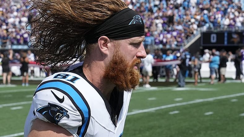 Oct 1, 2023; Charlotte, North Carolina, USA; Carolina Panthers tight end Hayden Hurst (81) runs on to the field before the game at Bank of America Stadium. Mandatory Credit: Bob Donnan-USA TODAY Sports