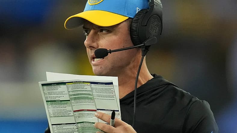 Oct 29, 2023; Inglewood, California, USA; Los Angeles Chargers coach Brandon Staley watches from the sidelines against the Chicago Bears in the first half at SoFi Stadium. Mandatory Credit: Kirby Lee-USA TODAY Sports