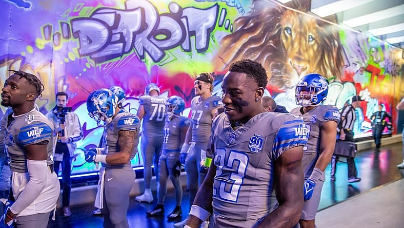Oct 30, 2023; Detroit, Michigan, USA; Detroit Lions cornerback Jerry Jacobs (23) and teammates head out to the field before the start of the first half against the Las Vegas Raiders at Ford Field. Mandatory Credit: David Reginek-USA TODAY Sports