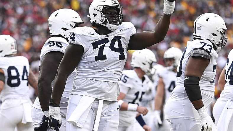 Nov 4, 2023; College Park, Maryland, USA;  Penn State Nittany Lions offensive lineman Olumuyiwa Fashanu (74) celebrates after a first half touchdown against the Maryland Terrapins at SECU Stadium. Mandatory Credit: Tommy Gilligan-USA TODAY Sports
